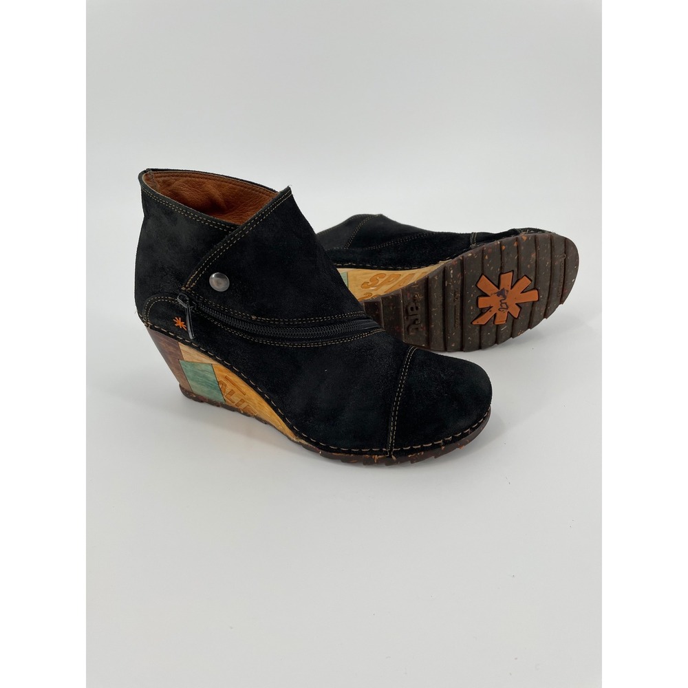 Art Company Black Suede Wedge Ankle Boots Spain Artistic Geometric Heel 41 US 10